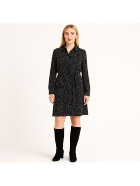 NWT Reitmans Black & White Polka Dot Patterned Long Sleeve Button-Down Dress med